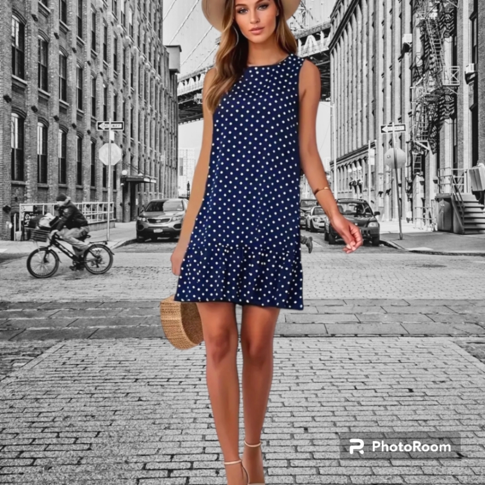 Navy Blue Midi Dress, white polka-dots, sleeveless, lightweight, comfort L 10/12